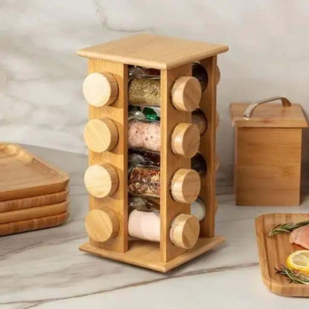 Trendy Trays bamboo 360° revolving spice rack, 16 glass jars